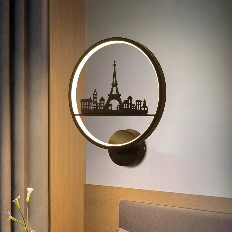 White/Black Round Wall Mural Lamp Nordic LED Metal Wall Mounted Light Fixture with Eiffel Tower/Couple Pattern Black Tower Clearhalo 'Wall Lamps & Sconces' 'Wall Lights' Lighting' 1197976