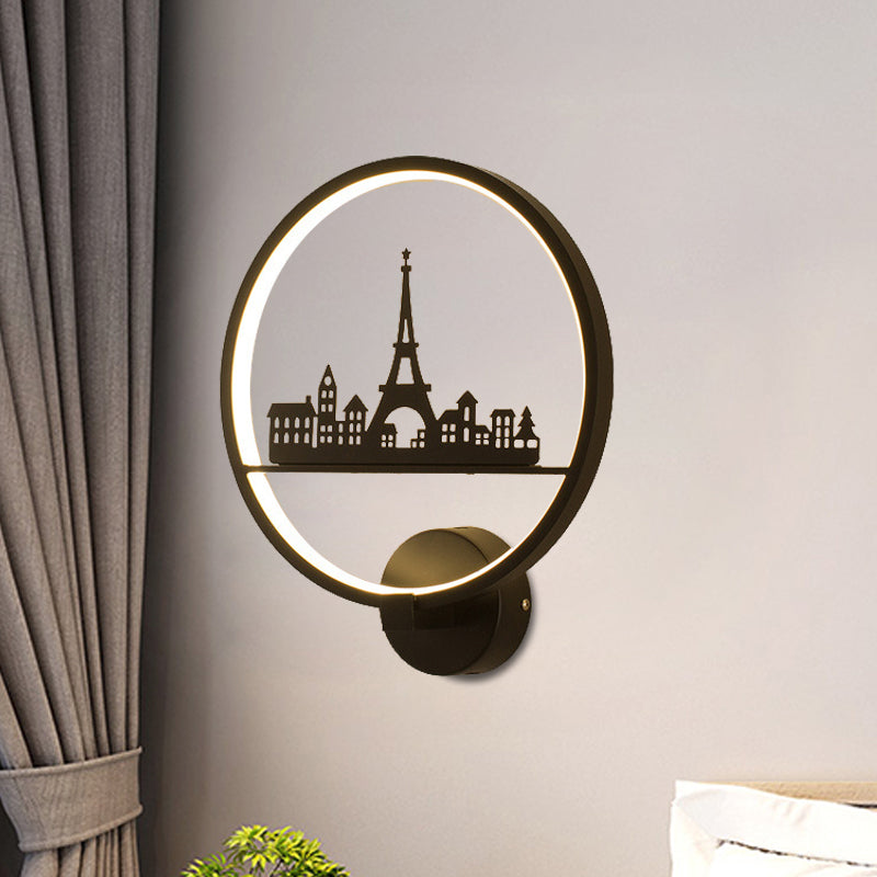 White/Black Round Wall Mural Lamp Nordic LED Metal Wall Mounted Light Fixture with Eiffel Tower/Couple Pattern Clearhalo 'Wall Lamps & Sconces' 'Wall Lights' Lighting' 1197977