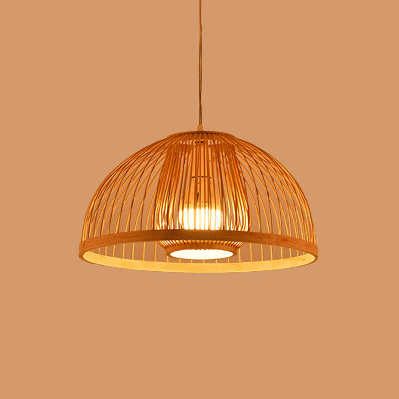 Asian Style Domed Hanging Light Bamboo Single Bulb Pendant Lamp over Dining Table, 16"/18" Diameter Clearhalo 'Ceiling Lights' 'Pendant Lights' 'Pendants' Lighting' 119798