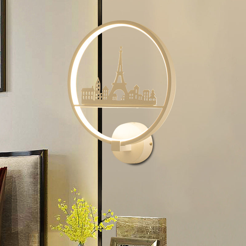 White/Black Round Wall Mural Lamp Nordic LED Metal Wall Mounted Light Fixture with Eiffel Tower/Couple Pattern Clearhalo 'Wall Lamps & Sconces' 'Wall Lights' Lighting' 1197982