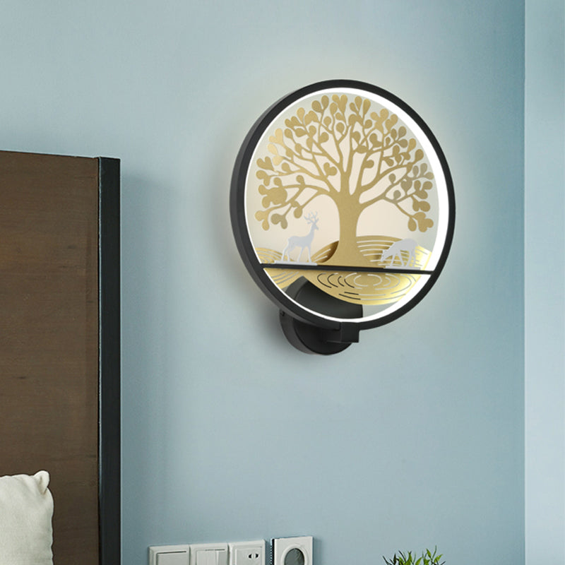 Black/White Rounded Tree Wall Mounted Lamp Postmodern LED Metal Mural Light for Bedside, Warm/White Light Black Clearhalo 'Cast Iron' 'Glass' 'Industrial' 'Modern wall lights' 'Modern' 'Tiffany' 'Traditional wall lights' 'Wall Lamps & Sconces' 'Wall Lights' Lighting' 1197993