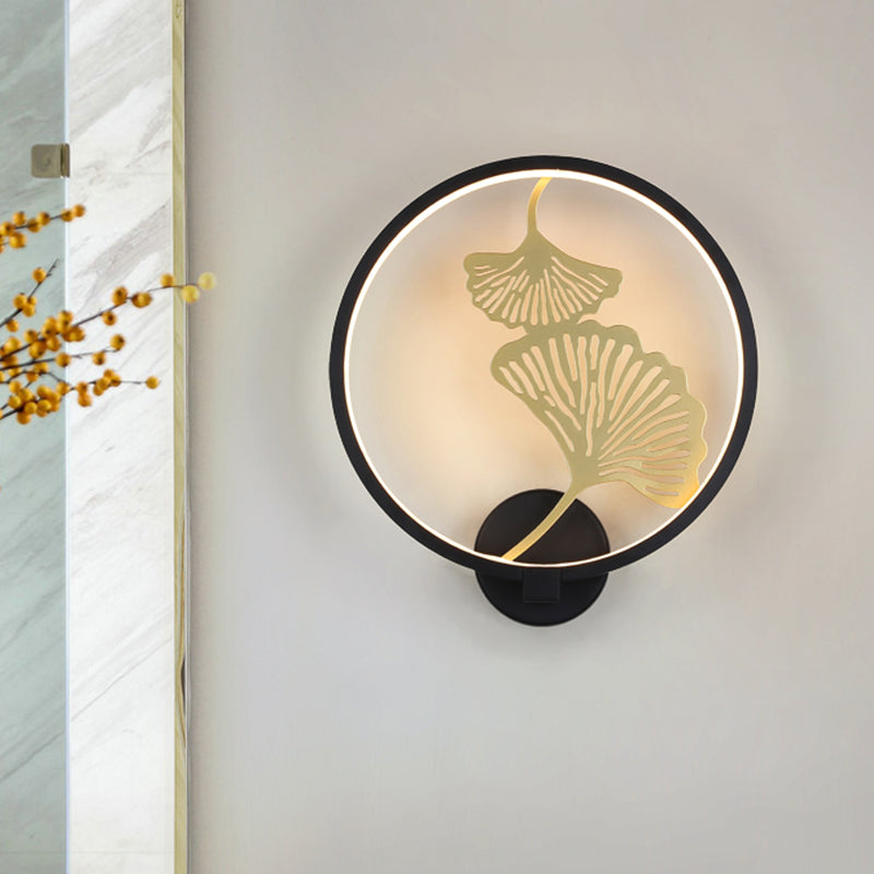 Black/White Circular Ginkgo Mural Light Contemporary LED Metallic Wall Lighting Idea for Living Room, Warm/White Light Clearhalo 'Wall Lamps & Sconces' 'Wall Lights' Lighting' 1198018