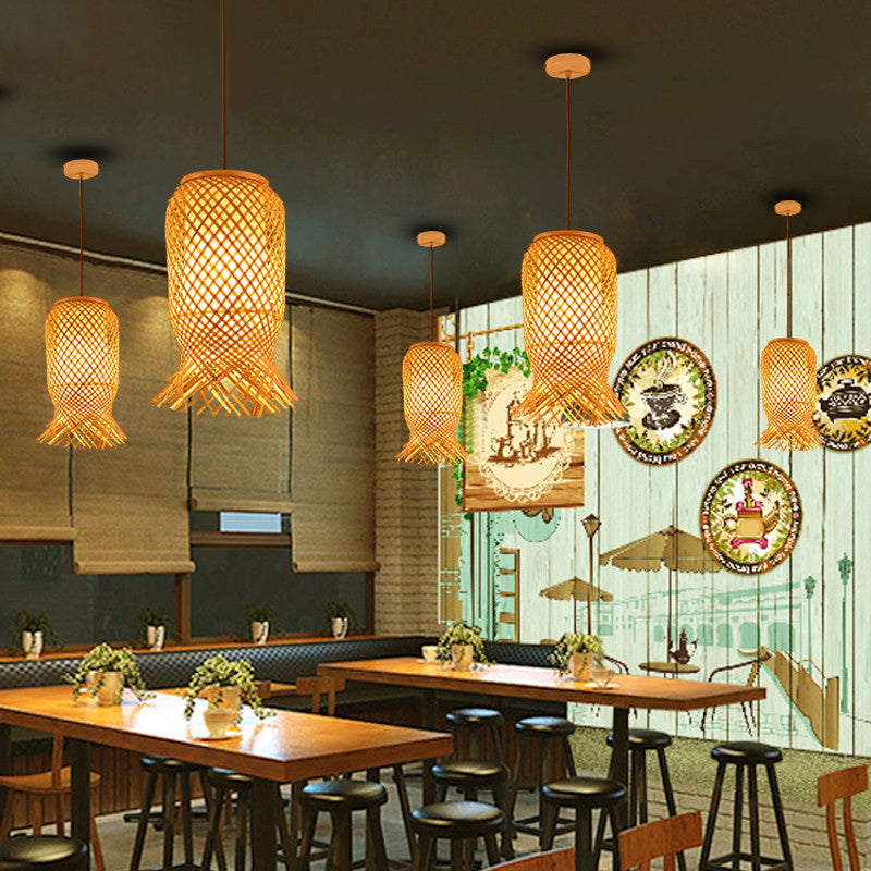 Hand Knitted Bamboo Lantern Drop Light Asian Single Pendant Light in Beige for Restaurant Clearhalo 'Ceiling Lights' 'Pendant Lights' 'Pendants' Lighting' 119802