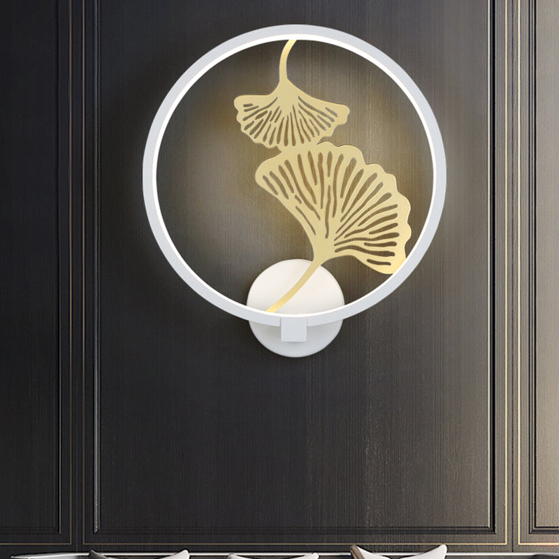 Black/White Circular Ginkgo Mural Light Contemporary LED Metallic Wall Lighting Idea for Living Room, Warm/White Light Clearhalo 'Wall Lamps & Sconces' 'Wall Lights' Lighting' 1198022