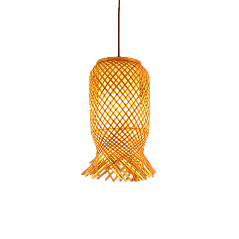 Hand Knitted Bamboo Lantern Drop Light Asian Single Pendant Light in Beige for Restaurant Clearhalo 'Ceiling Lights' 'Pendant Lights' 'Pendants' Lighting' 119803