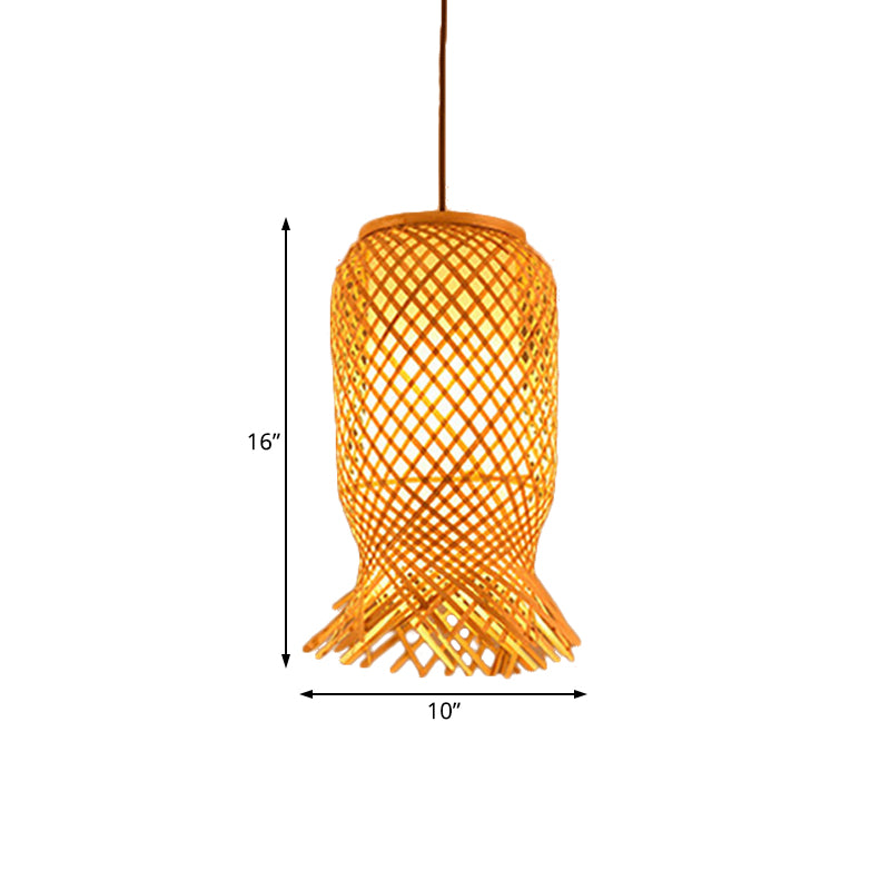 Hand Knitted Bamboo Lantern Drop Light Asian Single Pendant Light in Beige for Restaurant Clearhalo 'Ceiling Lights' 'Pendant Lights' 'Pendants' Lighting' 119804