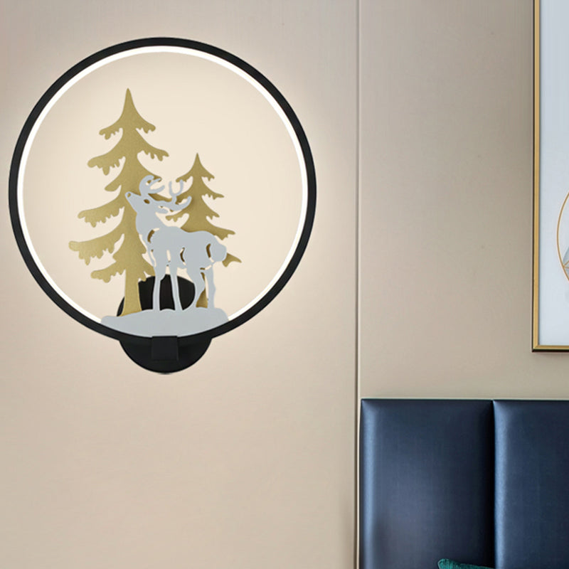 Black/White Round Deer and Tree Mural Light Minimalist Style LED Metal Wall Lighting Fixture, Warm/White Light Black Clearhalo 'Wall Lamps & Sconces' 'Wall Lights' Lighting' 1198058