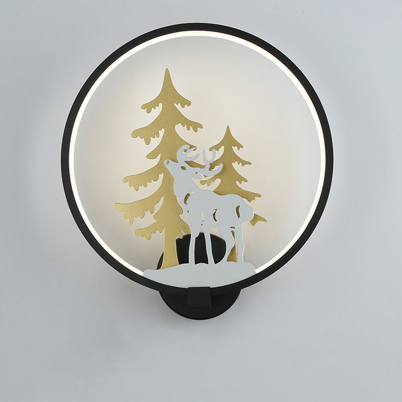 Black/White Round Deer and Tree Mural Light Minimalist Style LED Metal Wall Lighting Fixture, Warm/White Light Clearhalo 'Wall Lamps & Sconces' 'Wall Lights' Lighting' 1198060