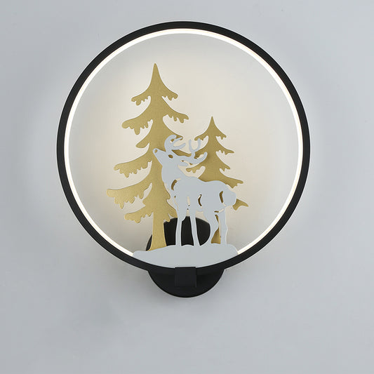 Black/White Round Deer and Tree Mural Light Minimalist Style LED Metal Wall Lighting Fixture, Warm/White Light Clearhalo 'Wall Lamps & Sconces' 'Wall Lights' Lighting' 1198060