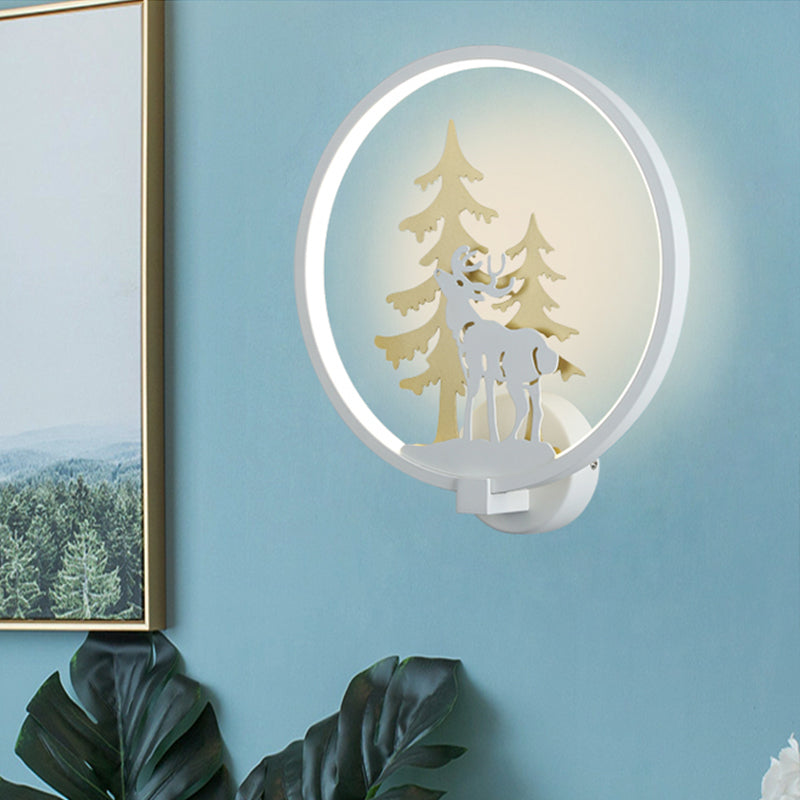 Black/White Round Deer and Tree Mural Light Minimalist Style LED Metal Wall Lighting Fixture, Warm/White Light White Clearhalo 'Wall Lamps & Sconces' 'Wall Lights' Lighting' 1198062