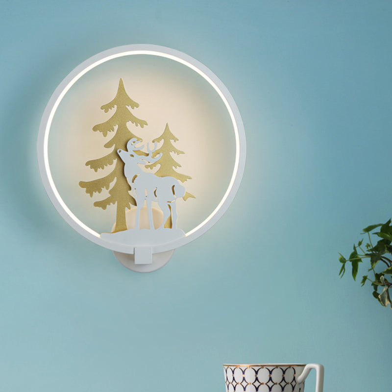 Black/White Round Deer and Tree Mural Light Minimalist Style LED Metal Wall Lighting Fixture, Warm/White Light Clearhalo 'Wall Lamps & Sconces' 'Wall Lights' Lighting' 1198063