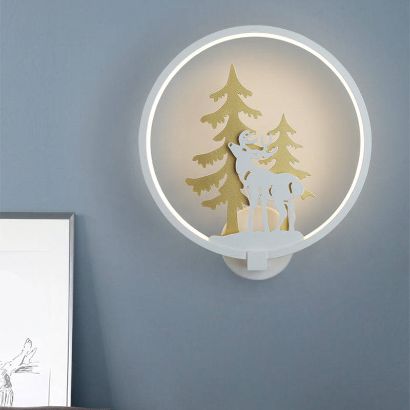 Black/White Round Deer and Tree Mural Light Minimalist Style LED Metal Wall Lighting Fixture, Warm/White Light Clearhalo 'Wall Lamps & Sconces' 'Wall Lights' Lighting' 1198064