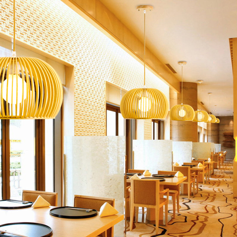 Wooden Dome Shade Suspended Lamp Asian Single Pendant Light for Restaurant Dining Room Clearhalo 'Ceiling Lights' 'Pendant Lights' 'Pendants' Lighting' 119814