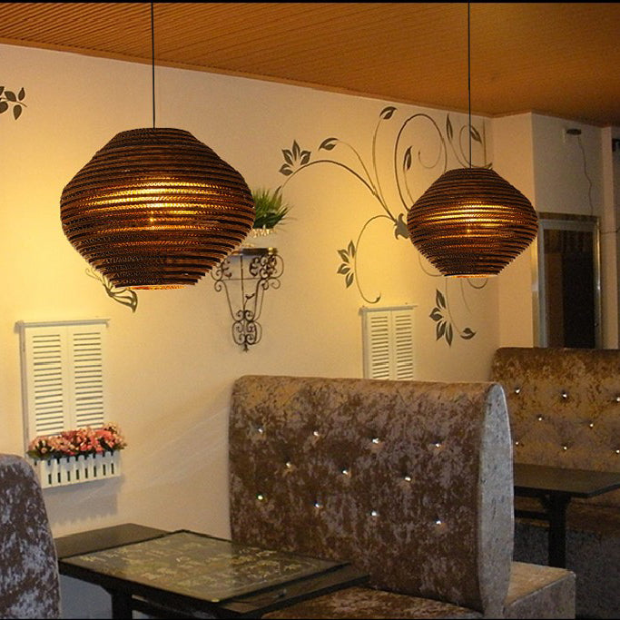 Paper Dome Shade Hanging Lamp Asian Style 1 Bulb Ceiling Drop Light in Brown for Restaurant, 10"/14"/16"/22"in Diameter Clearhalo 'Ceiling Lights' 'Modern Pendants' 'Modern' 'Pendant Lights' 'Pendants' Lighting' 119844