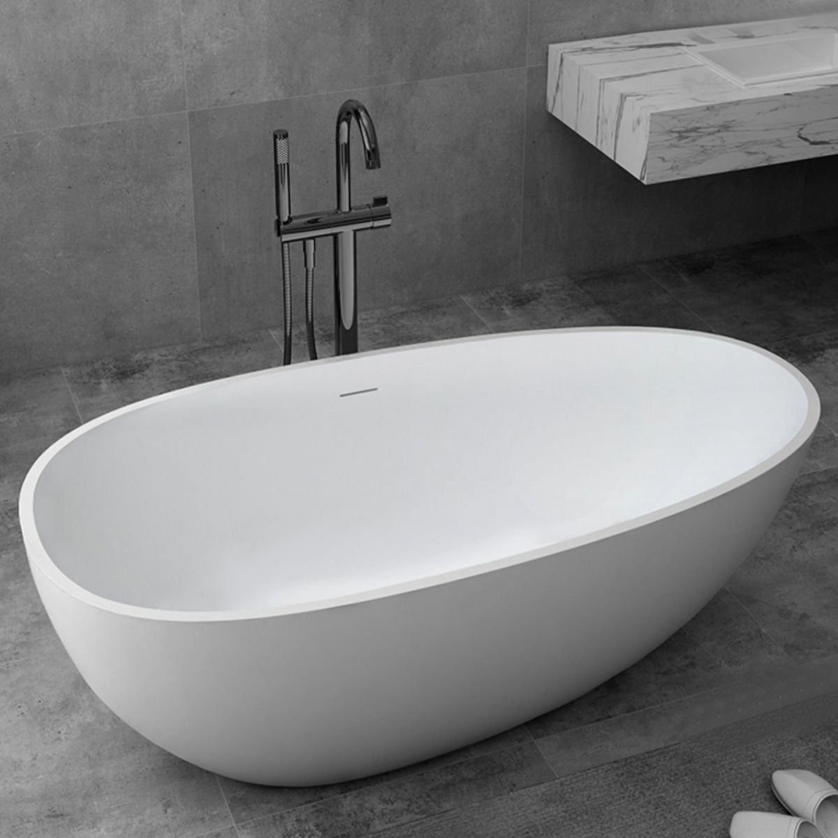 Modern Style Oval Freestanding Bathtub Stone Bathtub with Overflow Trim Clearhalo 'Bathroom Remodel & Bathroom Fixtures' 'Bathtubs' 'Home Improvement' 'home_improvement' 'home_improvement_bathtubs' 'Showers & Bathtubs' 1200x1200_009d2b5a-d16e-4e9e-a8a8-19ad9aa174b3