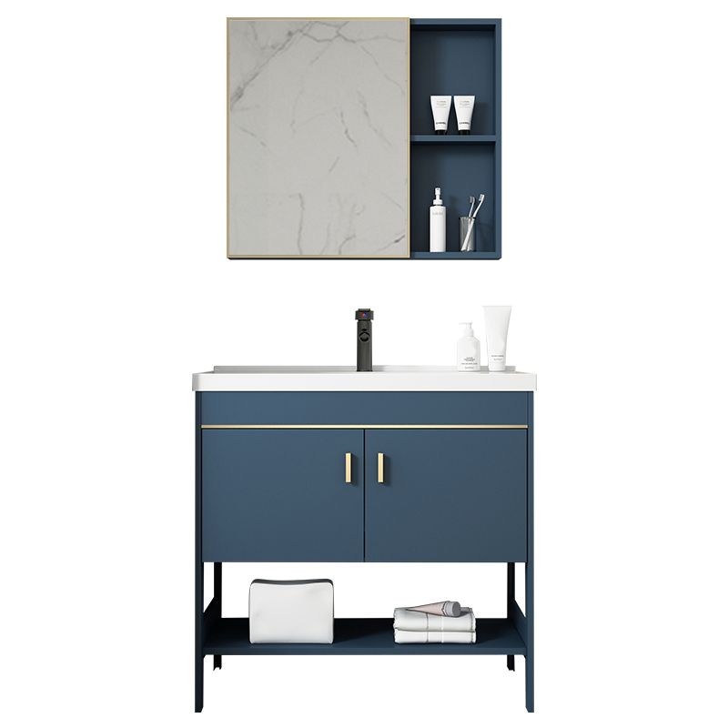 Shelving Included Vanity Blue Mirror Single Sink Freestanding Faucet Vanity with 2 Doors Clearhalo 'Bathroom Remodel & Bathroom Fixtures' 'Bathroom Vanities' 'bathroom_vanities' 'Home Improvement' 'home_improvement' 'home_improvement_bathroom_vanities' 1200x1200_0195bbd0-1b29-4ab0-b8f1-b50d255d9cdd