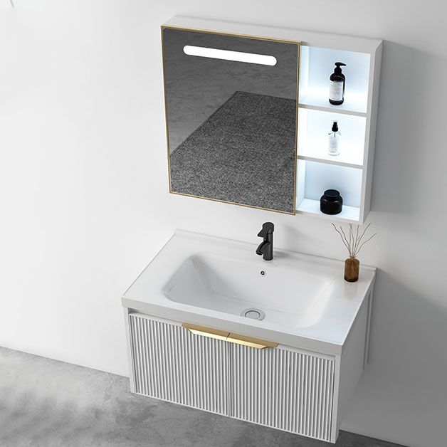 Rectangular White Vanity Single Sink Wall Mount 2 Doors Faucet Metal Frame Mirror Vanity Clearhalo 'Bathroom Remodel & Bathroom Fixtures' 'Bathroom Vanities' 'bathroom_vanities' 'Home Improvement' 'home_improvement' 'home_improvement_bathroom_vanities' 1200x1200_02ffae3d-faa7-44e7-9afc-433f16ebd748