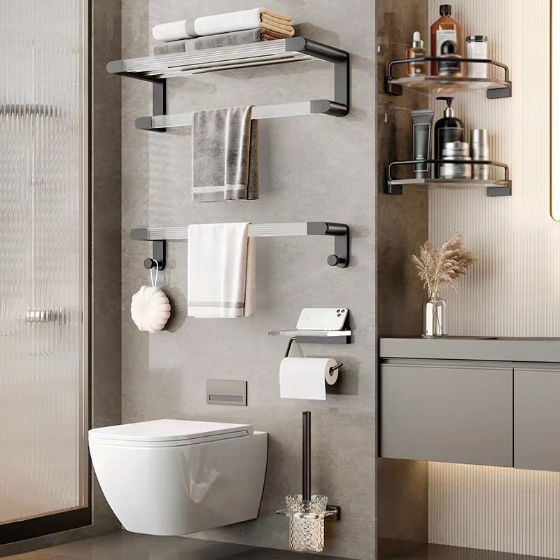 Matte Black Bathroom Hardware Set Metal & Acrylic Bath Shelf/Towel Bar/Robe Hooks Clearhalo 'Bathroom Hardware Sets' 'Bathroom Hardware' 'Bathroom Remodel & Bathroom Fixtures' 'bathroom_hardware_sets' 'Home Improvement' 'home_improvement' 'home_improvement_bathroom_hardware_sets' 1200x1200_034e9360-b126-4007-93a9-eeb005dec1f5