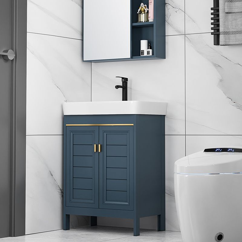 Blue Bath Vanity Freestanding 2 Doors Mirror Single Sink Rectangular Metal Frame Vanity Clearhalo 'Bathroom Remodel & Bathroom Fixtures' 'Bathroom Vanities' 'bathroom_vanities' 'Home Improvement' 'home_improvement' 'home_improvement_bathroom_vanities' 1200x1200_043099d6-2bf8-4a05-9a30-d8da38f91656