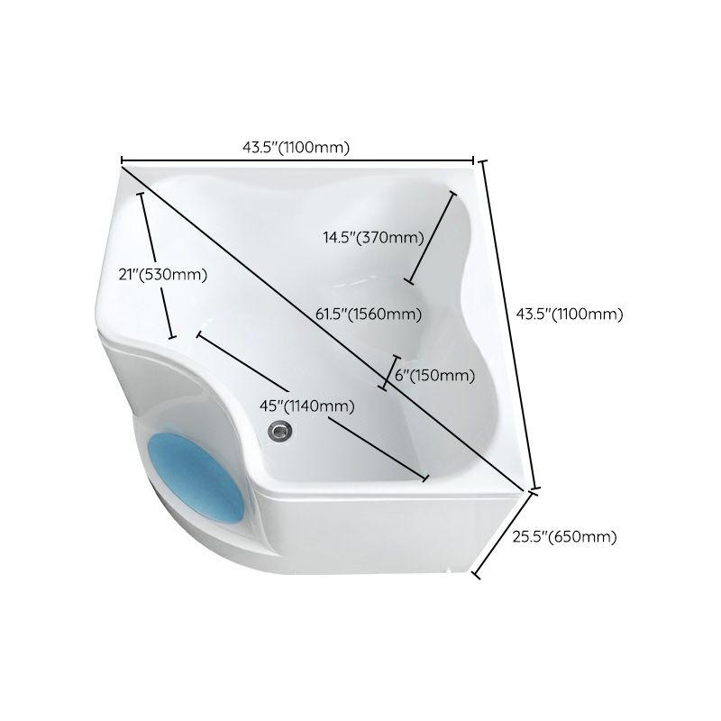 Modern Corner Soaking Bathtub White Acrylic Bathtub with Center-Front Drain Clearhalo 'Bathroom Remodel & Bathroom Fixtures' 'Bathtubs' 'Home Improvement' 'home_improvement' 'home_improvement_bathtubs' 'Showers & Bathtubs' 1200x1200_07faba2b-8e86-44a6-b120-a8b87971430d