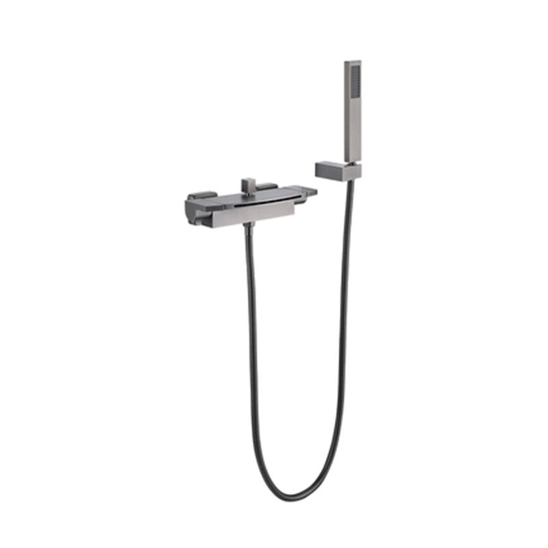 Wall Mounted Metal Tub Filler Low Arc Waterfall Double Handles Tub Faucet Trim Clearhalo 'Bathroom Remodel & Bathroom Fixtures' 'Bathtub Faucets' 'bathtub_faucets' 'Home Improvement' 'home_improvement' 'home_improvement_bathtub_faucets' 1200x1200_0c7abcc9-2d8e-4183-9c27-d4691bdaa2fb