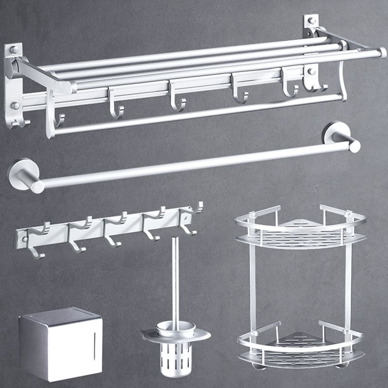 Silver Modern Bathroom Accessory Set with Bath Shelf/Towel Bar & Robe Hooks Clearhalo 'Bathroom Hardware Sets' 'Bathroom Hardware' 'Bathroom Remodel & Bathroom Fixtures' 'bathroom_hardware_sets' 'Home Improvement' 'home_improvement' 'home_improvement_bathroom_hardware_sets' 1200x1200_0f74f96e-f7fb-4c45-a48a-fd10c03ad4b2