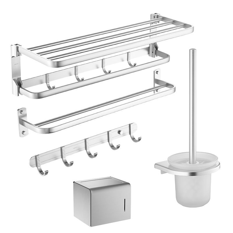 6-Piece Bathroom Hardware Set in Silver with Bath Shelf/Robe Hooks/Towel Bar Clearhalo 'Bathroom Hardware Sets' 'Bathroom Hardware' 'Bathroom Remodel & Bathroom Fixtures' 'bathroom_hardware_sets' 'Home Improvement' 'home_improvement' 'home_improvement_bathroom_hardware_sets' 1200x1200_1604d538-ab3c-4bde-949d-e41d3636e10e