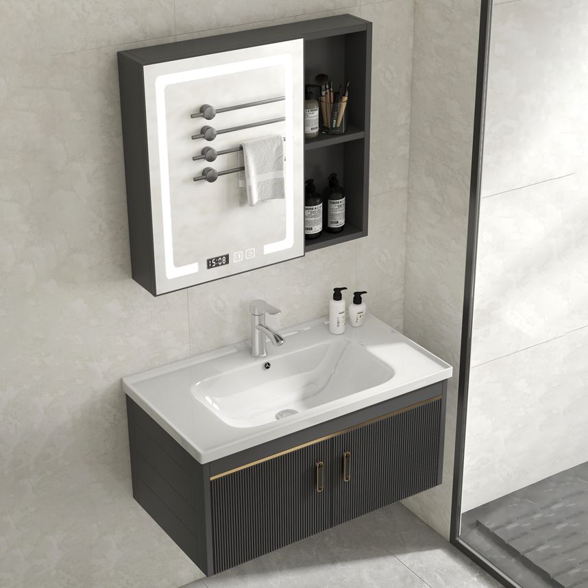 Glam Vanity Single Sink Wall Mounted 2 Doors Metal Frame Rectangular Vanity with Mirror Clearhalo 'Bathroom Remodel & Bathroom Fixtures' 'Bathroom Vanities' 'bathroom_vanities' 'Home Improvement' 'home_improvement' 'home_improvement_bathroom_vanities' 1200x1200_1813b468-9e9f-4773-bd89-a2ff801e91b1