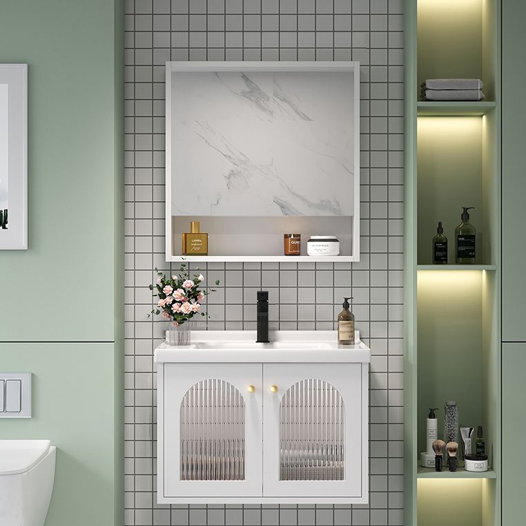 Glam Vanity White Single Sink Wall Mount Wood Frame Rectangular Mirror Bath Vanity Clearhalo 'Bathroom Remodel & Bathroom Fixtures' 'Bathroom Vanities' 'bathroom_vanities' 'Home Improvement' 'home_improvement' 'home_improvement_bathroom_vanities' 1200x1200_1cdb6507-9a37-4034-ab5e-b581245f8140