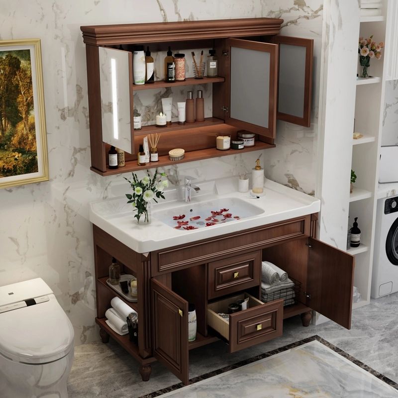 Bathroom Vanity Set Mirror Storage Shelf Ceramic Sink 2 Doors Sink Vanity with Faucet Clearhalo 'Bathroom Remodel & Bathroom Fixtures' 'Bathroom Vanities' 'bathroom_vanities' 'Home Improvement' 'home_improvement' 'home_improvement_bathroom_vanities' 1200x1200_1e44ce26-1a6e-4aa1-84f5-afcff7febb37