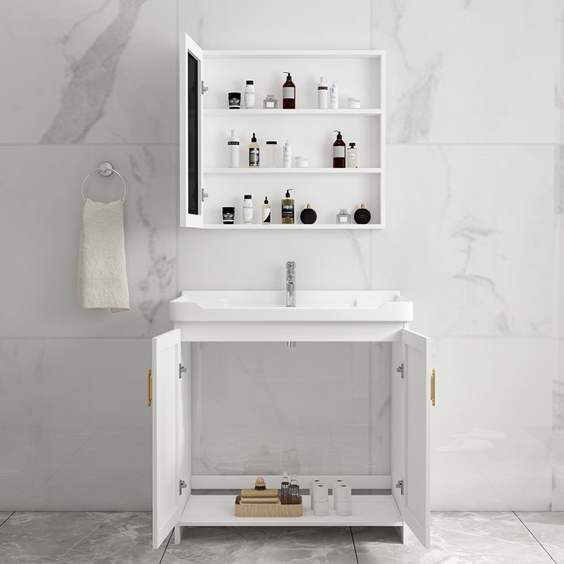 Single Sink Vanity Set White Mirror 2 Doors Freestanding Metal Frame Vanity Clearhalo 'Bathroom Remodel & Bathroom Fixtures' 'Bathroom Vanities' 'bathroom_vanities' 'Home Improvement' 'home_improvement' 'home_improvement_bathroom_vanities' 1200x1200_1ec20ec3-dbfe-4315-9590-10a112cf170b