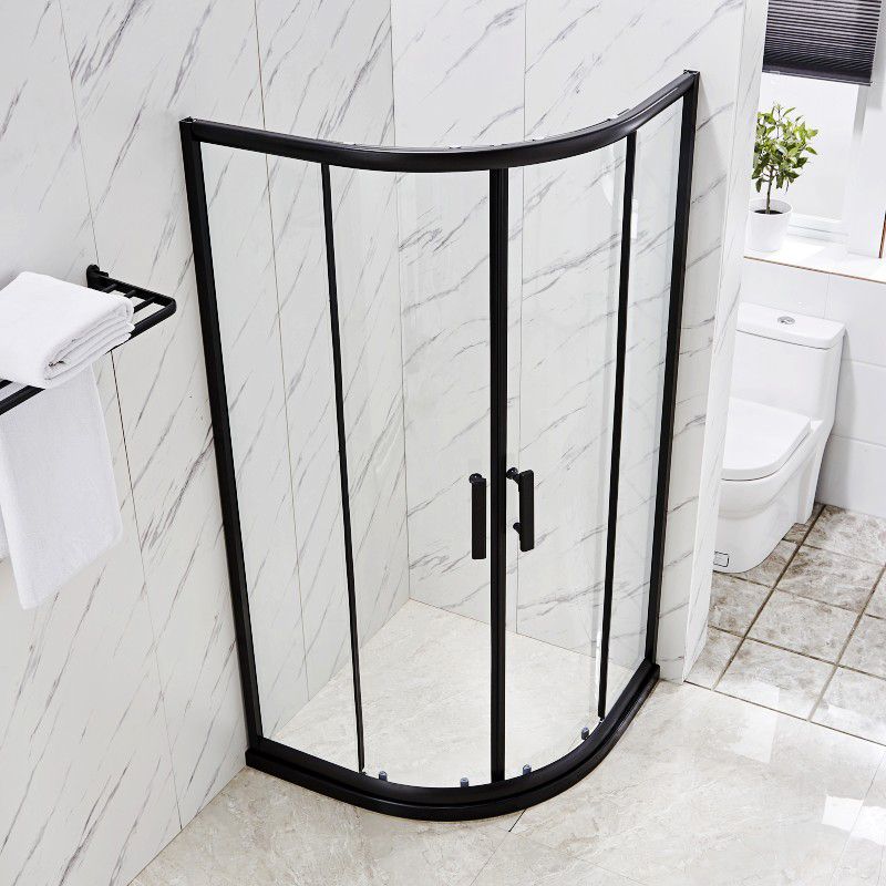 Rounded Matt Black Shower Enclosure Tempered Glass Corner Shower Enclosure Clearhalo 'Bathroom Remodel & Bathroom Fixtures' 'Home Improvement' 'home_improvement' 'home_improvement_shower_stalls_enclosures' 'Shower Stalls & Enclosures' 'shower_stalls_enclosures' 'Showers & Bathtubs' 1200x1200_202b9a33-f16d-4243-8ab6-b7ca61f471c9