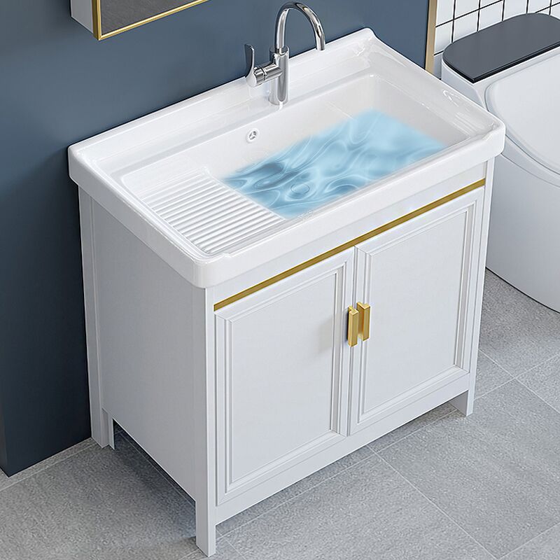 Freestanding Vanity Single Sink Metal Frame Rectangular White Mirror Vanity with Doors Clearhalo 'Bathroom Remodel & Bathroom Fixtures' 'Bathroom Vanities' 'bathroom_vanities' 'Home Improvement' 'home_improvement' 'home_improvement_bathroom_vanities' 1200x1200_21427338-9b81-4311-9f0c-12af644fad9d