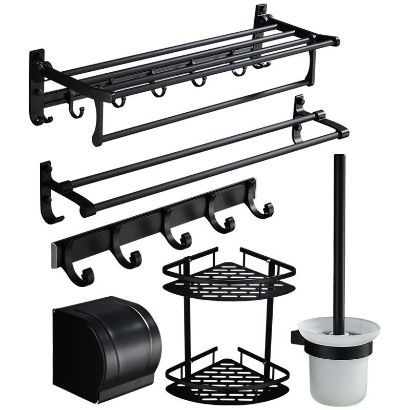 6-Piece Modern Bathroom Hardware Set in Matte Black with Bath Shelf/Towel Bar & Robe Hooks Clearhalo 'Bathroom Hardware Sets' 'Bathroom Hardware' 'Bathroom Remodel & Bathroom Fixtures' 'bathroom_hardware_sets' 'Home Improvement' 'home_improvement' 'home_improvement_bathroom_hardware_sets' 1200x1200_23b43e3f-05f6-4964-9817-5c985a712efa