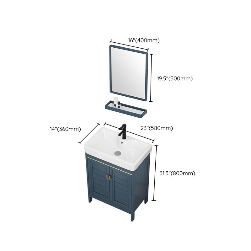 Blue Bath Vanity Freestanding 2 Doors Mirror Single Sink Rectangular Metal Frame Vanity Clearhalo 'Bathroom Remodel & Bathroom Fixtures' 'Bathroom Vanities' 'bathroom_vanities' 'Home Improvement' 'home_improvement' 'home_improvement_bathroom_vanities' 1200x1200_275ba128-c11d-4a1e-bec0-5637b30a2c29