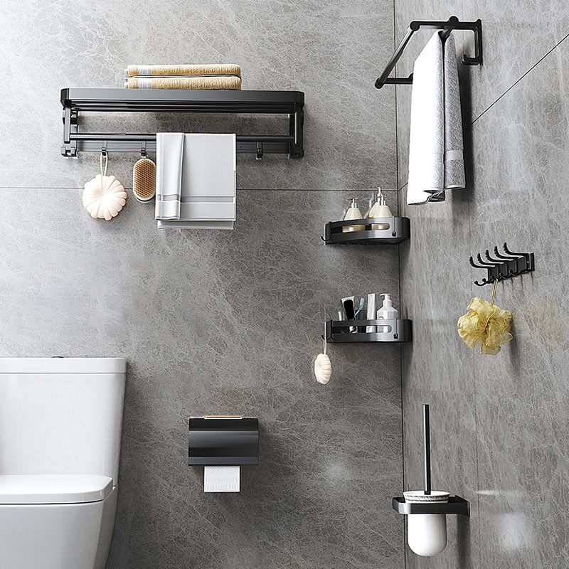 Modern Matte Black Bathroom Accessory Set with Bath Shelf/Robe Hooks/Towel Bar Clearhalo 'Bathroom Hardware Sets' 'Bathroom Hardware' 'Bathroom Remodel & Bathroom Fixtures' 'bathroom_hardware_sets' 'Home Improvement' 'home_improvement' 'home_improvement_bathroom_hardware_sets' 1200x1200_277d1ed1-385b-47f9-b33d-929287866289