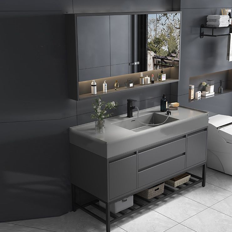 Single Sink Grey Vanity Shelving Included Mirror Rectangle Vanity with 2 Drawers Clearhalo 'Bathroom Remodel & Bathroom Fixtures' 'Bathroom Vanities' 'bathroom_vanities' 'Home Improvement' 'home_improvement' 'home_improvement_bathroom_vanities' 1200x1200_2a11d587-5aeb-4f28-b8fb-78c515b78911