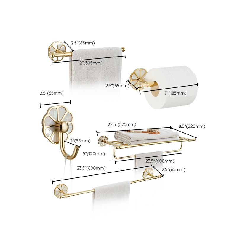 Gold Modern Bathroom Accessory Set, Bath Shelf, Towel Bar, Paper Holder, Robe Hooks Clearhalo 'Bathroom Hardware Sets' 'Bathroom Hardware' 'Bathroom Remodel & Bathroom Fixtures' 'bathroom_hardware_sets' 'Home Improvement' 'home_improvement' 'home_improvement_bathroom_hardware_sets' 1200x1200_2a803e3c-2755-4c63-a541-1c4cd49c96b0