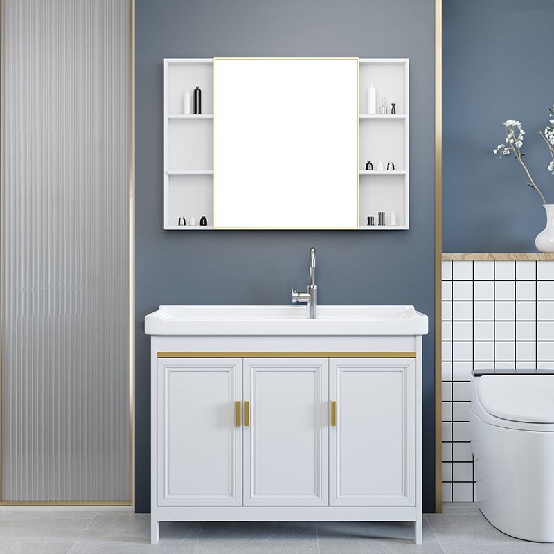 Freestanding Vanity Single Sink Metal Frame Rectangular White Mirror Vanity with Doors Clearhalo 'Bathroom Remodel & Bathroom Fixtures' 'Bathroom Vanities' 'bathroom_vanities' 'Home Improvement' 'home_improvement' 'home_improvement_bathroom_vanities' 1200x1200_3570f617-d205-47ce-a5f5-fc3952bd47bd