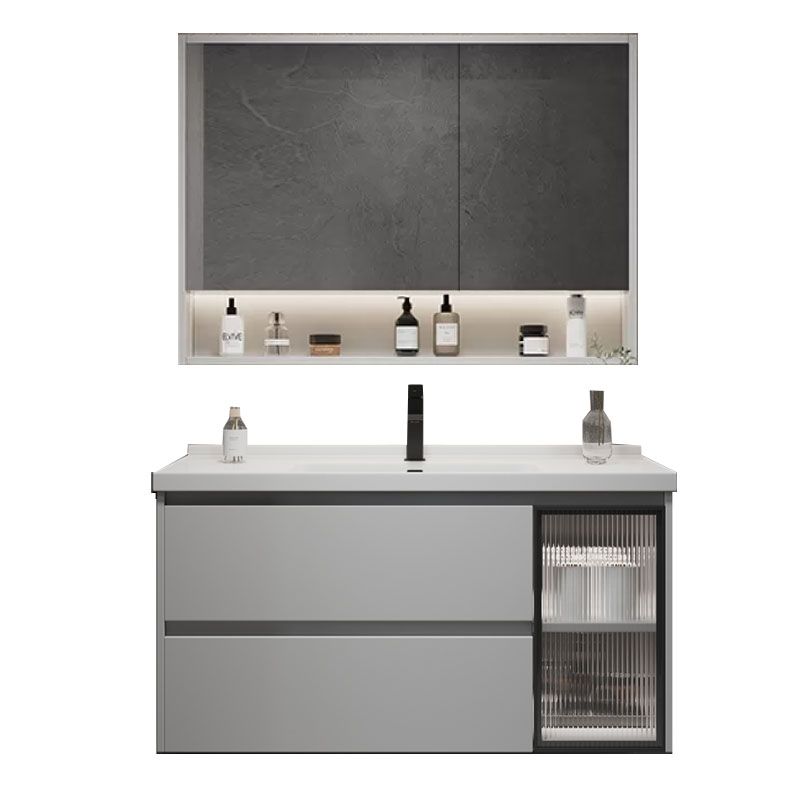 Wall Mounted Bathroom Vanity Set Mirror Wood Frame 2 Drawers Single Sink in Grey Clearhalo 'Bathroom Remodel & Bathroom Fixtures' 'Bathroom Vanities' 'bathroom_vanities' 'Home Improvement' 'home_improvement' 'home_improvement_bathroom_vanities' 1200x1200_3629facb-b02e-4ed5-93a1-0caab8e30fc4