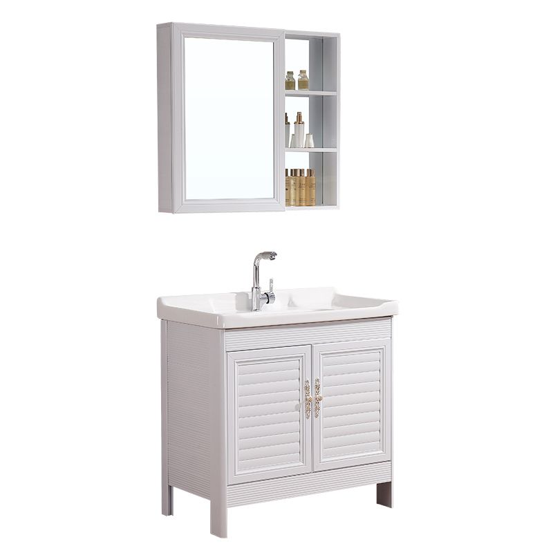 White Freestanding Vanity Rectangular 2 Doors Metal Frame Mirror Single Sink Vanity Clearhalo 'Bathroom Remodel & Bathroom Fixtures' 'Bathroom Vanities' 'bathroom_vanities' 'Home Improvement' 'home_improvement' 'home_improvement_bathroom_vanities' 1200x1200_3920f220-88c1-4d42-9a12-8d6c33a34596