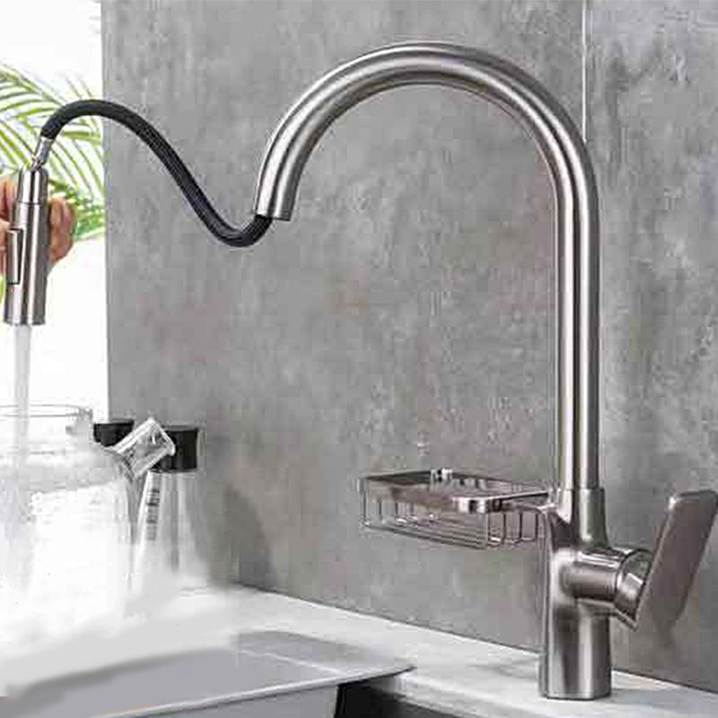 Contemporary Faucet Stainless Steel Single Handle High Arc Retractable Faucet for Kitchen Clearhalo 'Home Improvement' 'home_improvement' 'home_improvement_kitchen_faucets' 'Kitchen Faucets' 'Kitchen Remodel & Kitchen Fixtures' 'Kitchen Sinks & Faucet Components' 'kitchen_faucets' 1200x1200_3c03e52d-17f5-47a1-b05d-cfd71541acdc