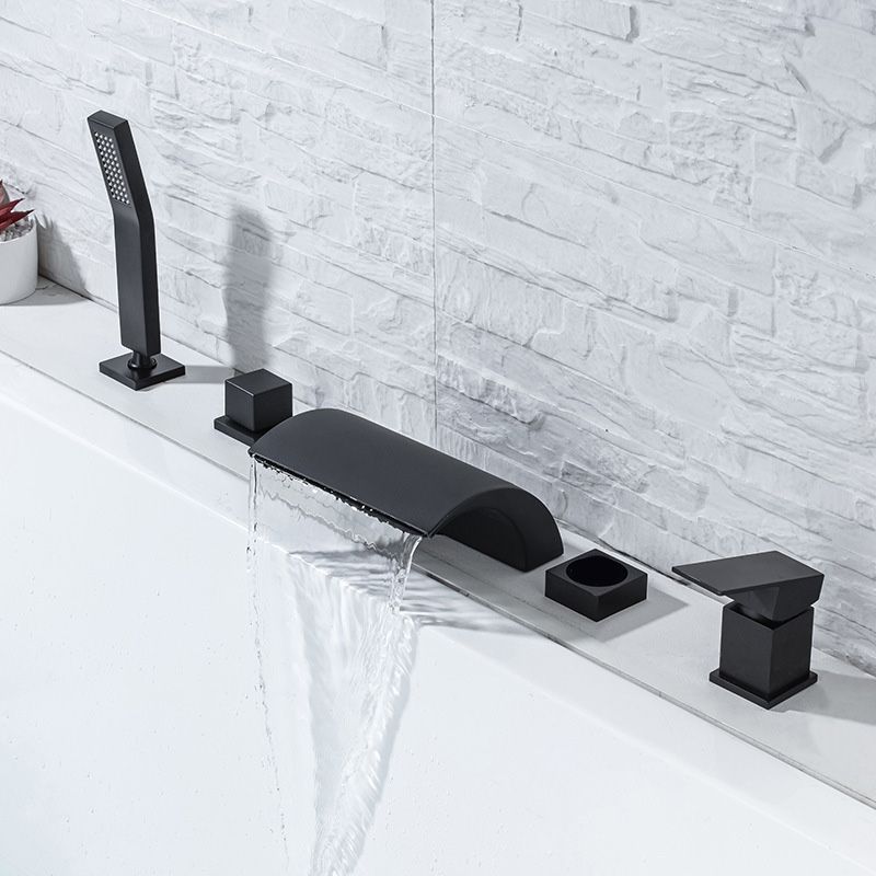 Modern Waterfall Tub Spout 2 Handles Deck Mount Roman Tub Faucet in Black and Chrome Clearhalo 'Bathroom Remodel & Bathroom Fixtures' 'Bathtub Faucets' 'bathtub_faucets' 'Home Improvement' 'home_improvement' 'home_improvement_bathtub_faucets' 1200x1200_3cf69bd6-1dfb-4bbf-8fbb-6b3f16d1d2d7