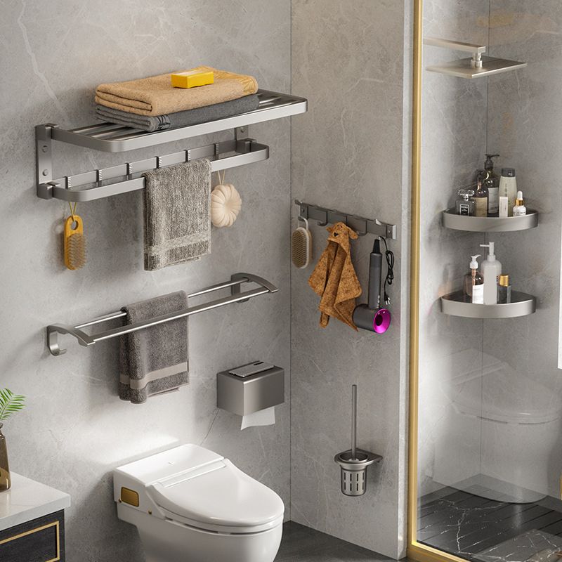 Modern Gray Bathroom Accessory Set Aluminum Stainless Bath Shelf/Robe Hooks/Towel Bar Clearhalo 'Bathroom Hardware Sets' 'Bathroom Hardware' 'Bathroom Remodel & Bathroom Fixtures' 'bathroom_hardware_sets' 'Home Improvement' 'home_improvement' 'home_improvement_bathroom_hardware_sets' 1200x1200_44a007c9-1b90-4be6-ab27-271a776b16bd