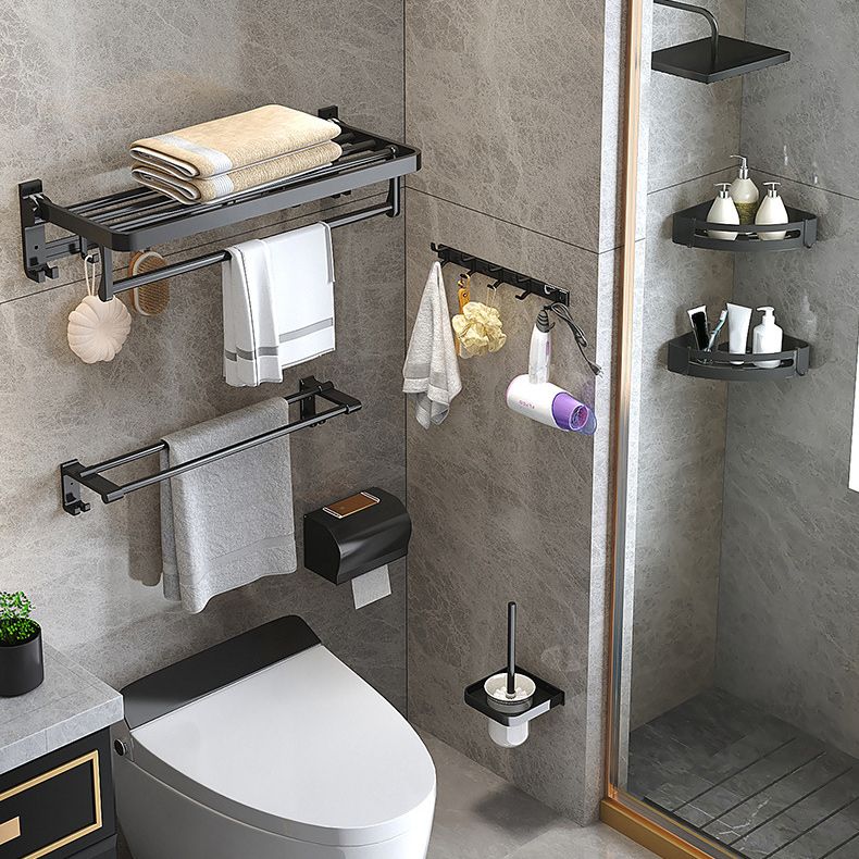 Modern Matte Black Bathroom Accessory Set with Bath Shelf/Robe Hooks/Towel Bar Clearhalo 'Bathroom Hardware Sets' 'Bathroom Hardware' 'Bathroom Remodel & Bathroom Fixtures' 'bathroom_hardware_sets' 'Home Improvement' 'home_improvement' 'home_improvement_bathroom_hardware_sets' 1200x1200_46963ce7-8b6b-4cc7-b008-1b00aed50ceb