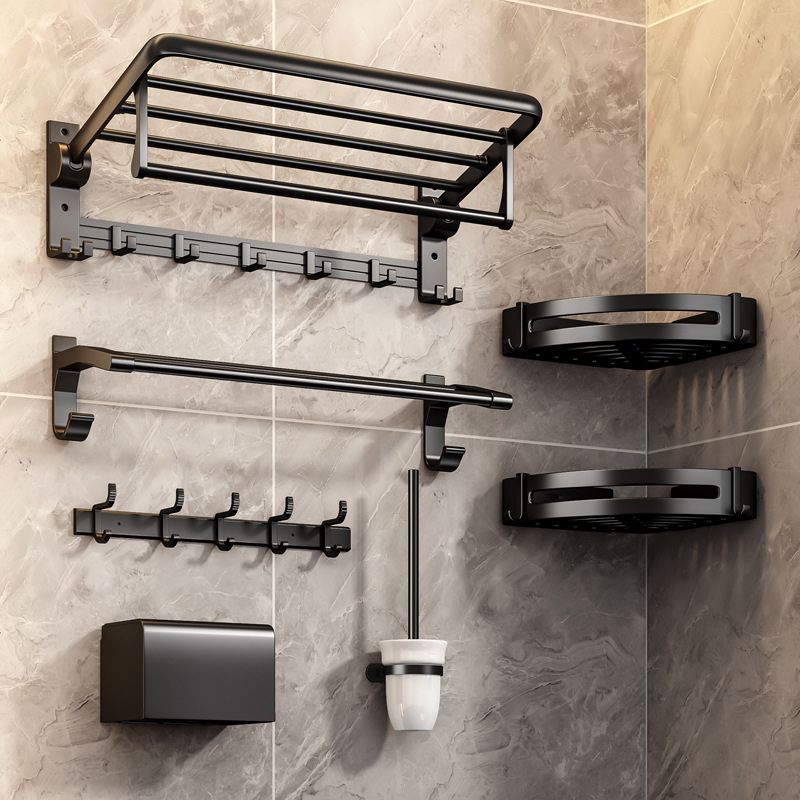 Contemporary Bath Hardware Set Matte Black Bathroom Set with Robe Hooks/Towel Bar Clearhalo 'Bathroom Hardware Sets' 'Bathroom Hardware' 'Bathroom Remodel & Bathroom Fixtures' 'bathroom_hardware_sets' 'Home Improvement' 'home_improvement' 'home_improvement_bathroom_hardware_sets' 1200x1200_48b0d5ce-0b1e-4393-ae79-46760a4b3ba7