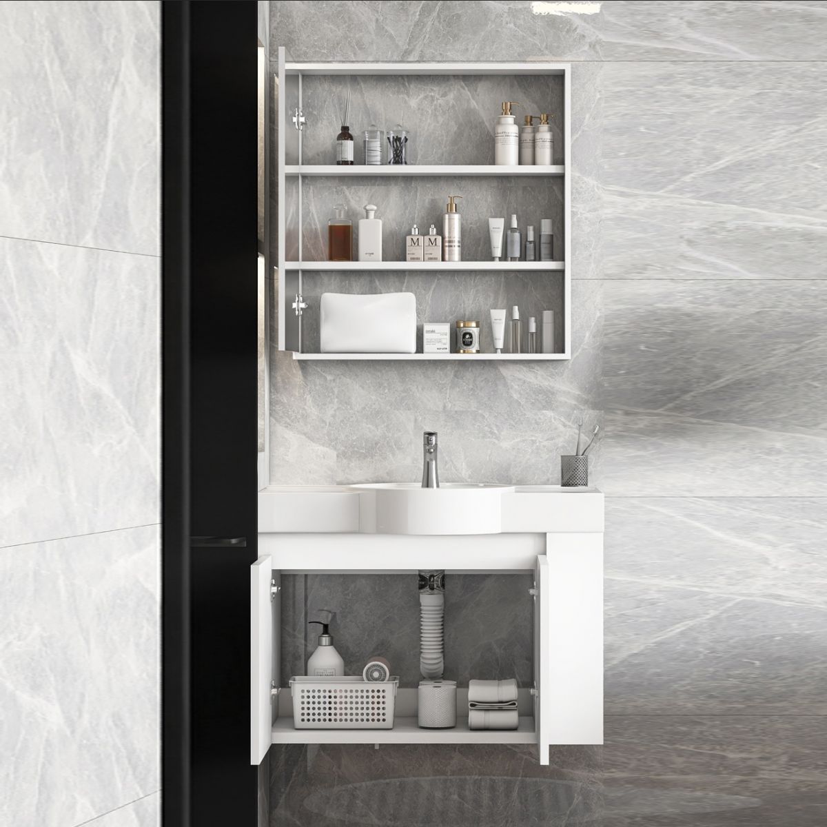 Single Sink Glam Bathroom Vanity White Ceramic Round Wall Mount Vanity Set Clearhalo 'Bathroom Remodel & Bathroom Fixtures' 'Bathroom Vanities' 'bathroom_vanities' 'Home Improvement' 'home_improvement' 'home_improvement_bathroom_vanities' 1200x1200_4c9546b2-9589-4294-b1d5-1417ab049210