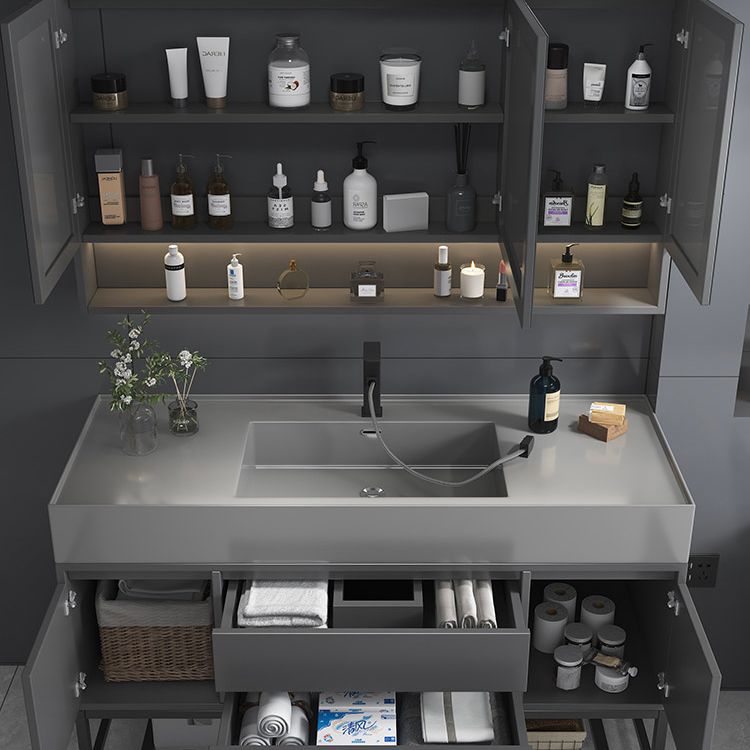 Single Sink Grey Vanity Shelving Included Mirror Rectangle Vanity with 2 Drawers Clearhalo 'Bathroom Remodel & Bathroom Fixtures' 'Bathroom Vanities' 'bathroom_vanities' 'Home Improvement' 'home_improvement' 'home_improvement_bathroom_vanities' 1200x1200_4dc63a60-3ed9-4375-8c9e-4c01125baedb