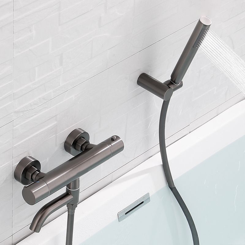 Handshower Tub Filler Black Brass Double Knob Handle Swivel Wall Mount Tub Filler Clearhalo 'Bathroom Remodel & Bathroom Fixtures' 'Bathtub Faucets' 'bathtub_faucets' 'Home Improvement' 'home_improvement' 'home_improvement_bathtub_faucets' 1200x1200_515acdc0-be6f-4dfe-8bd5-56ec6e796ec1