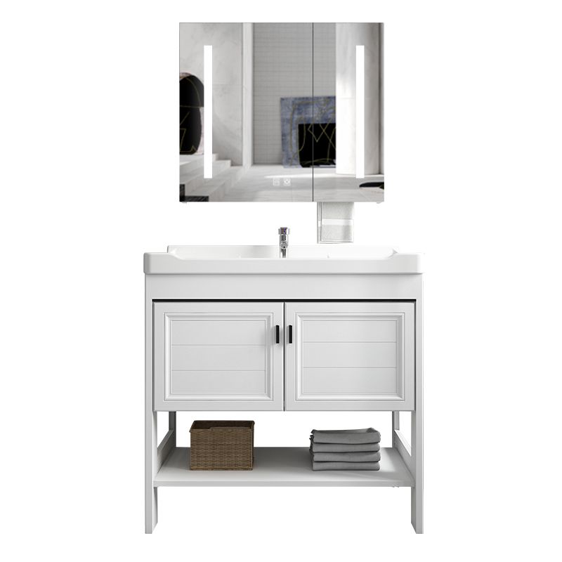 Freestanding Vanity Mirror 2 Doors Single Sink White Rectangular Shelving Included Vanity Clearhalo 'Bathroom Remodel & Bathroom Fixtures' 'Bathroom Vanities' 'bathroom_vanities' 'Home Improvement' 'home_improvement' 'home_improvement_bathroom_vanities' 1200x1200_54dd8438-813b-4219-bd1e-d71f8e0f1dde